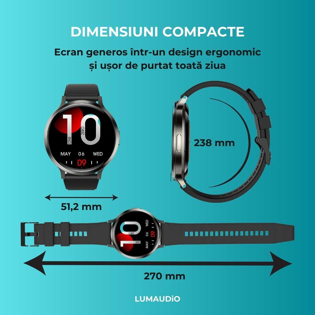 Ceas Smartwatch barbati LUMAUDiO® Dominus cu Autonomie 10 zile și 2 curele incluse, compact