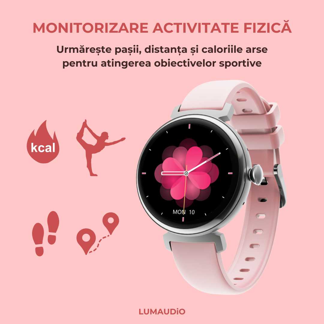 Ceas Smartwatch dama LUMAUDiO® LunaFit cu Meniu in limba romana și 2 curele incluse, monitorizare fitness