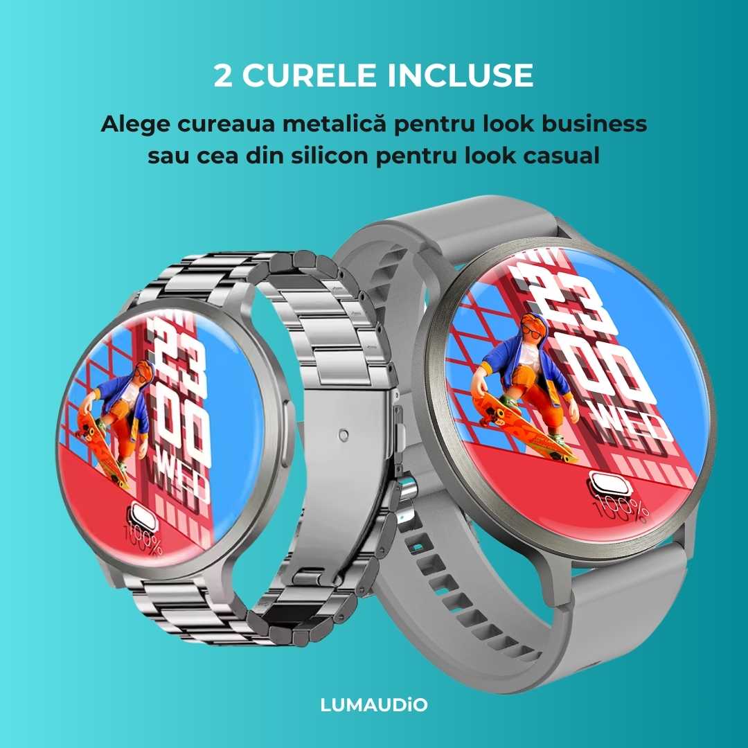 Ceas Smartwatch barbati LUMAUDiO® Dominus cu Autonomie 10 zile și 2 curele incluse, 2 curele