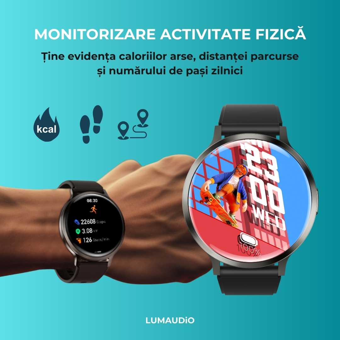 Ceas Smartwatch barbati LUMAUDiO® Dominus cu Autonomie 10 zile și 2 curele incluse, pedometru, calorii, distanta parcursa