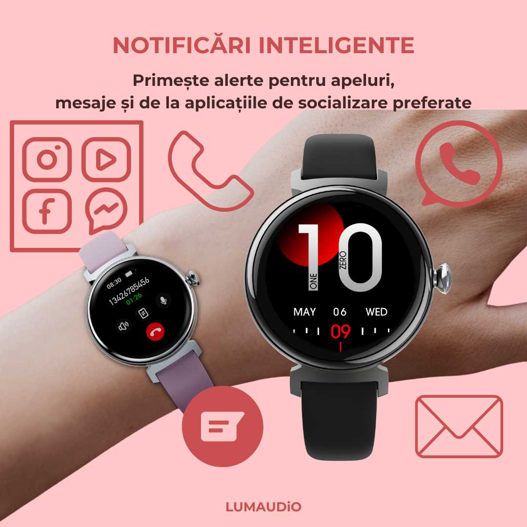 Ceas Smartwatch dama LUMAUDiO® LunaFit cu Meniu in limba romana și 2 curele incluse, notificari retele sociale