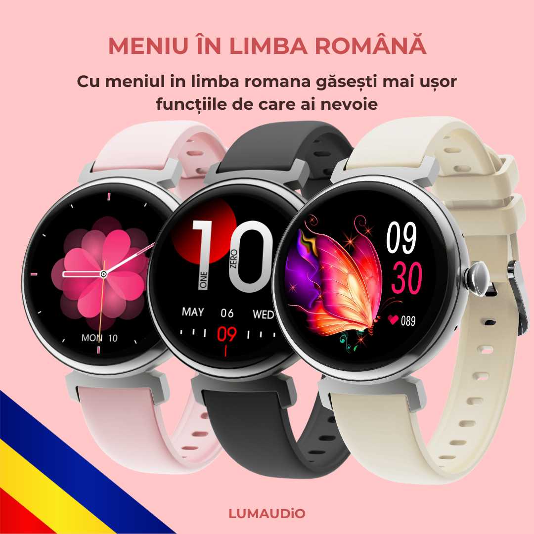 Ceas Smartwatch dama LUMAUDiO® LunaFit cu Meniu in limba romana și 2 curele incluse, meniu in romana
