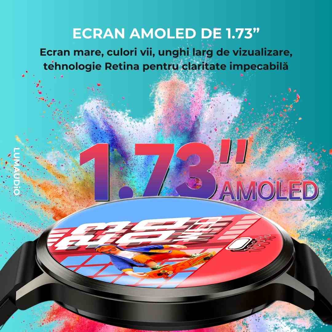 Ceas Smartwatch barbati LUMAUDiO® Dominus cu Autonomie 10 zile și 2 curele incluse, ecran AMOLED