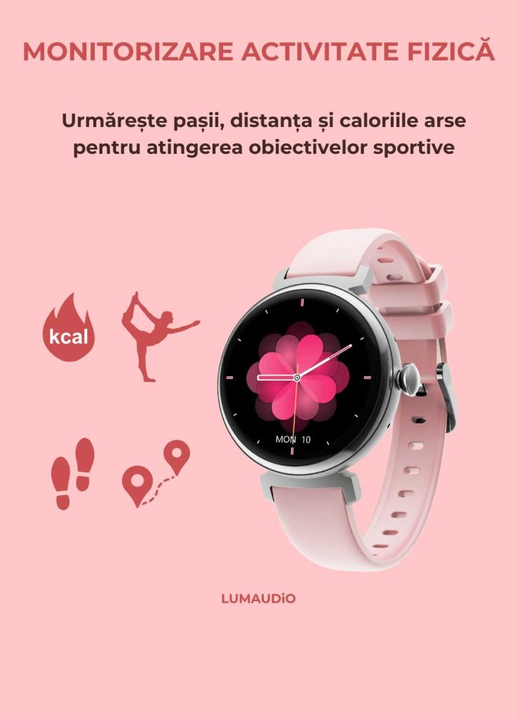 Ceas Smartwatch dama LUMAUDiO® LunaFit cu Meniu in limba romana și 2 curele incluse, monitorizare fitness