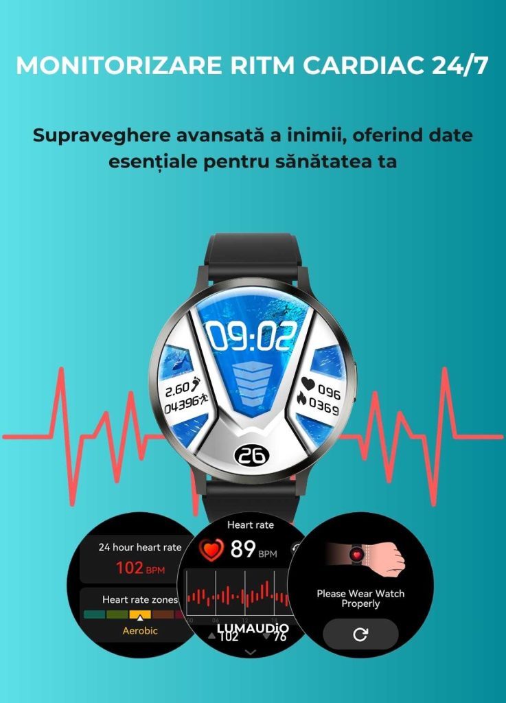 Ceas Smartwatch barbati LUMAUDiO® Dominus cu Autonomie 10 zile și 2 curele incluse, monitorizare sanatate