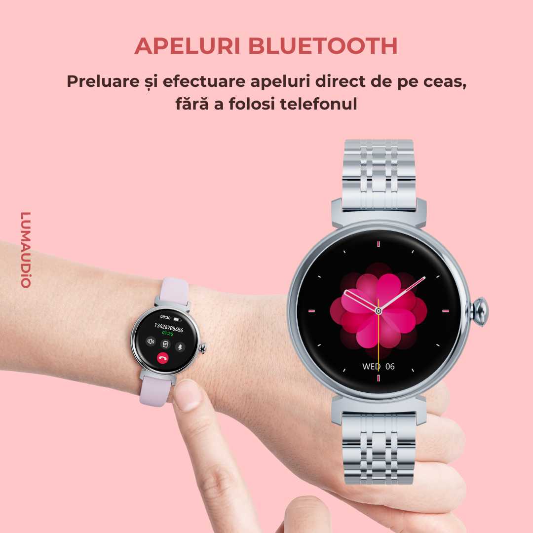 Ceas Smartwatch dama LUMAUDiO® LunaFit cu Meniu in limba romana și 2 curele incluse, functie telefon
