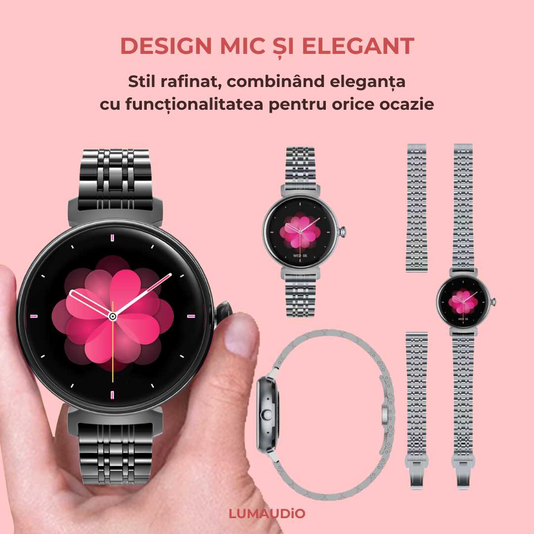 Ceas Smartwatch dama LUMAUDiO® LunaFit cu Meniu in limba romana și 2 curele incluse, ecran mic