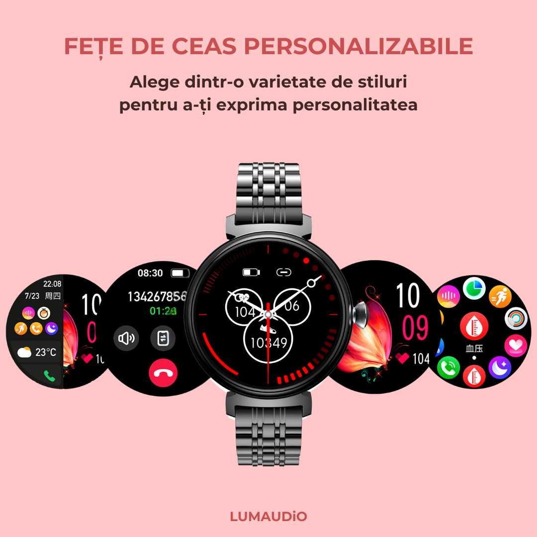 Ceas Smartwatch dama LUMAUDiO® LunaFit cu Meniu in limba romana și 2 curele incluse, fete de ceas personalizabile