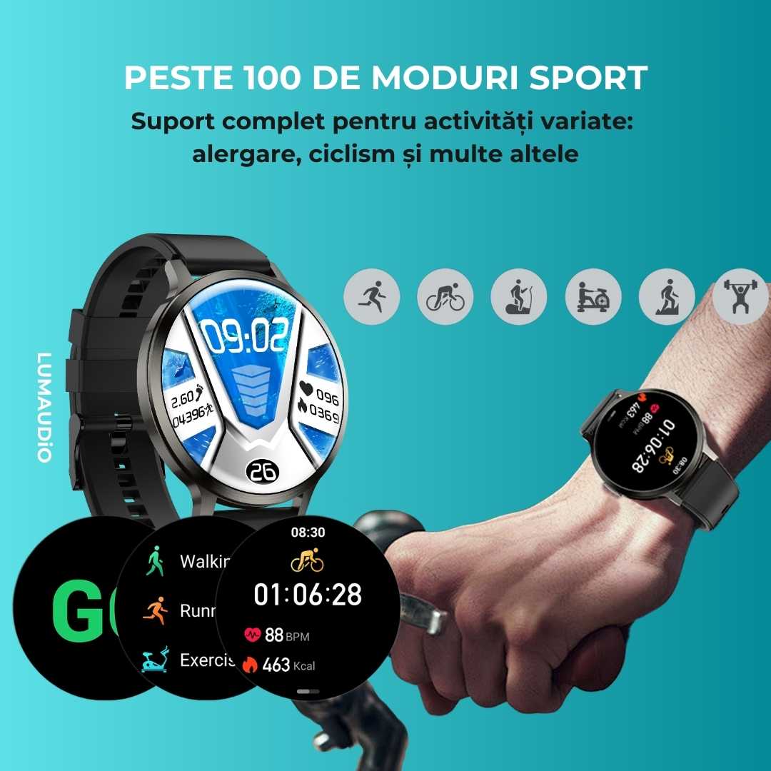 Ceas Smartwatch barbati LUMAUDiO® Dominus cu Autonomie 10 zile și 2 curele incluse, moduri sport