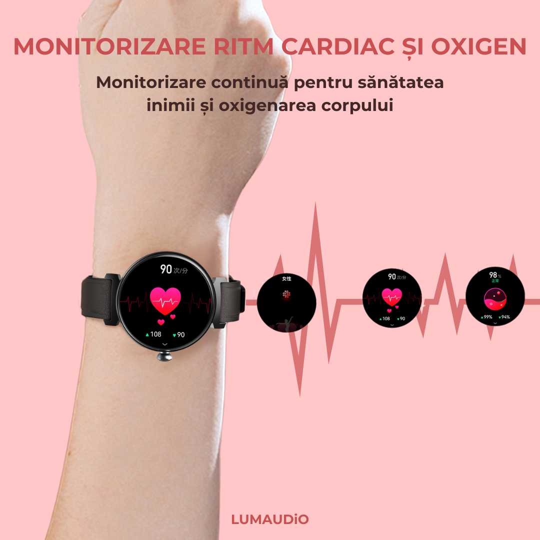 Ceas Smartwatch dama LUMAUDiO® LunaFit cu Meniu in limba romana și 2 curele incluse, monitorizare sanatate