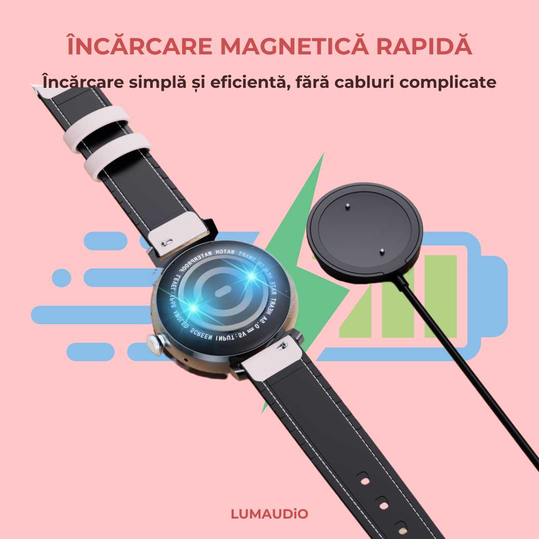 Ceas Smartwatch dama LUMAUDiO® LunaFit cu Meniu in limba romana și 2 curele incluse incarcare magnetica