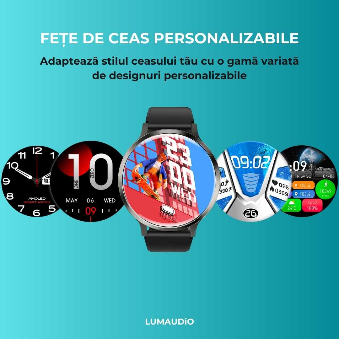Ceas Smartwatch barbati LUMAUDiO® Dominus cu Autonomie 10 zile și 2 curele incluse, personalizabil