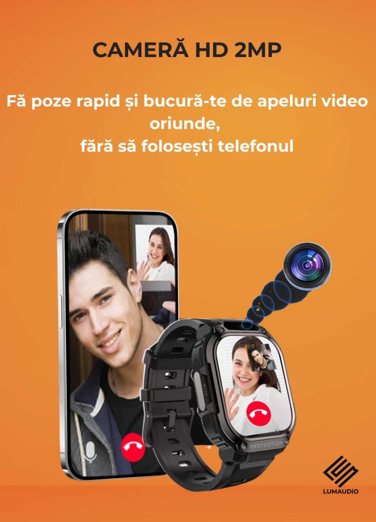 Ceas Smartwatch barbati LUMAUDiO® Alpha cu Android SIM 4G si camera frontala, negru