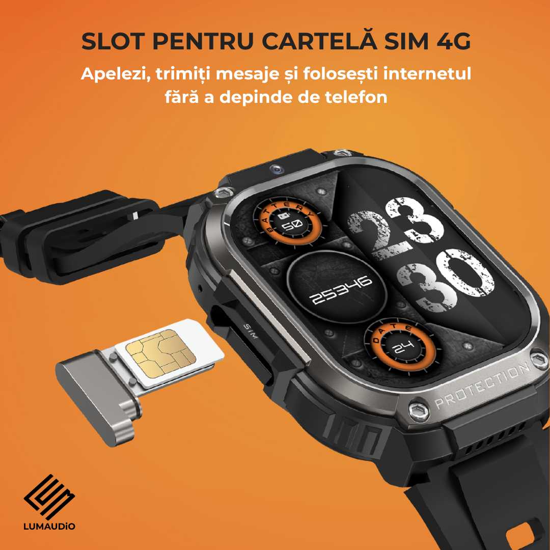 Ceas Smartwatch barbati LUMAUDiO® Alpha cu Android SIM 4G si camera frontala,