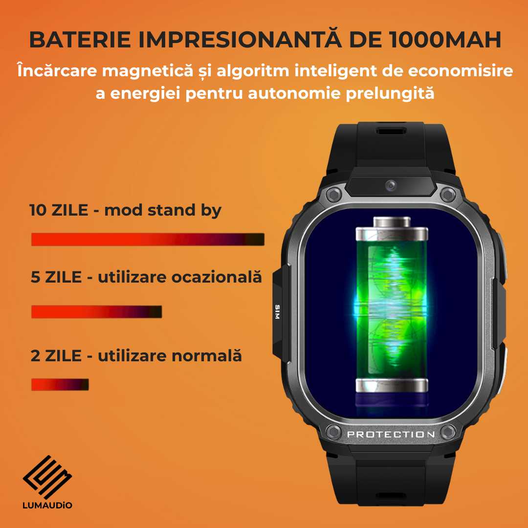 Ceas Smartwatch barbati LUMAUDiO® Alpha cu Android SIM 4G si camera frontala, autonomie mare