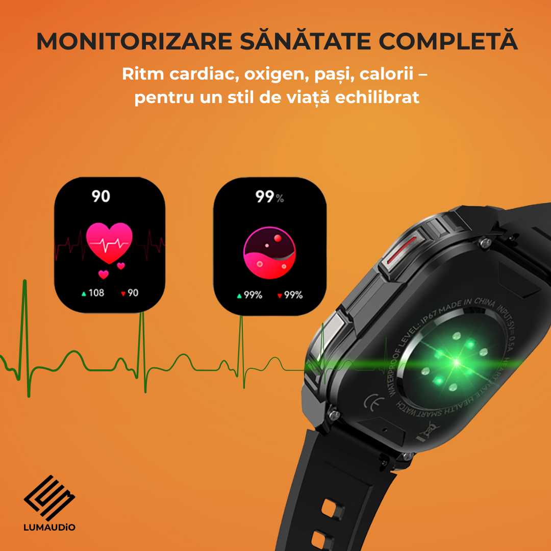 Ceas Smartwatch barbati LUMAUDiO® Alpha cu Android SIM 4G si camera frontala, monitorizare sanatate