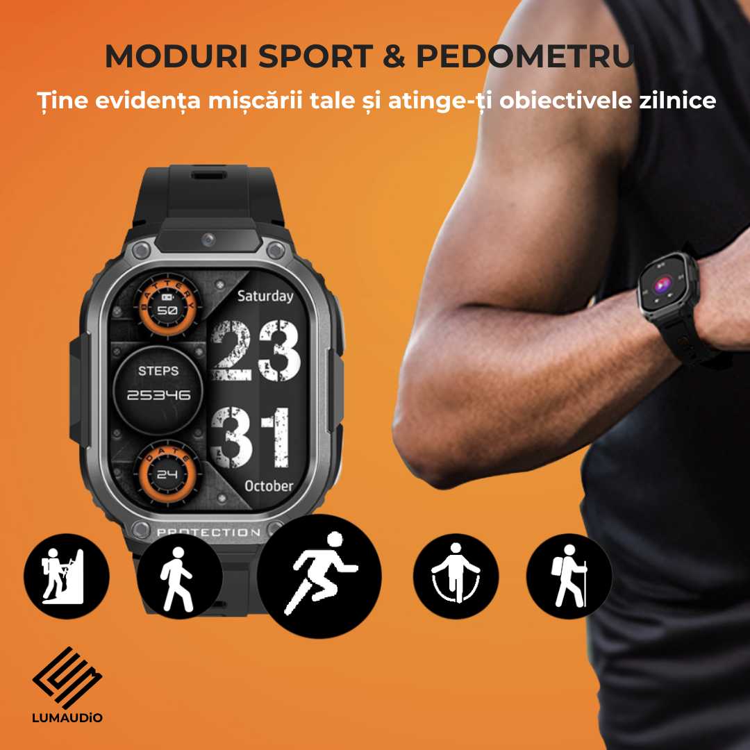 Ceas Smartwatch barbati LUMAUDiO® Alpha cu Android SIM 4G si camera frontala, moduri sport