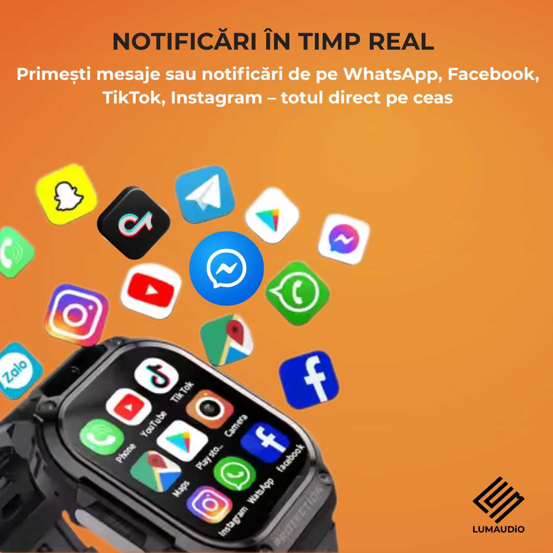 Ceas Smartwatch barbati LUMAUDiO® Alpha cu Android SIM 4G si camera frontala, notificari retele sociale