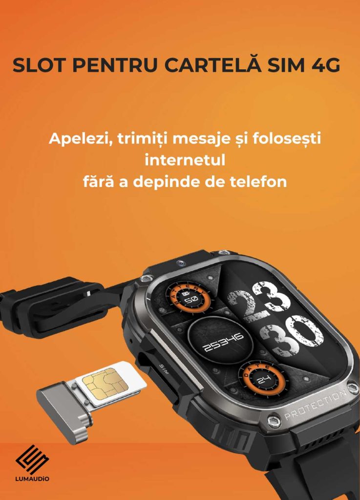 Ceas Smartwatch barbati LUMAUDiO® Alpha cu Android SIM 4G si camera frontala, negru