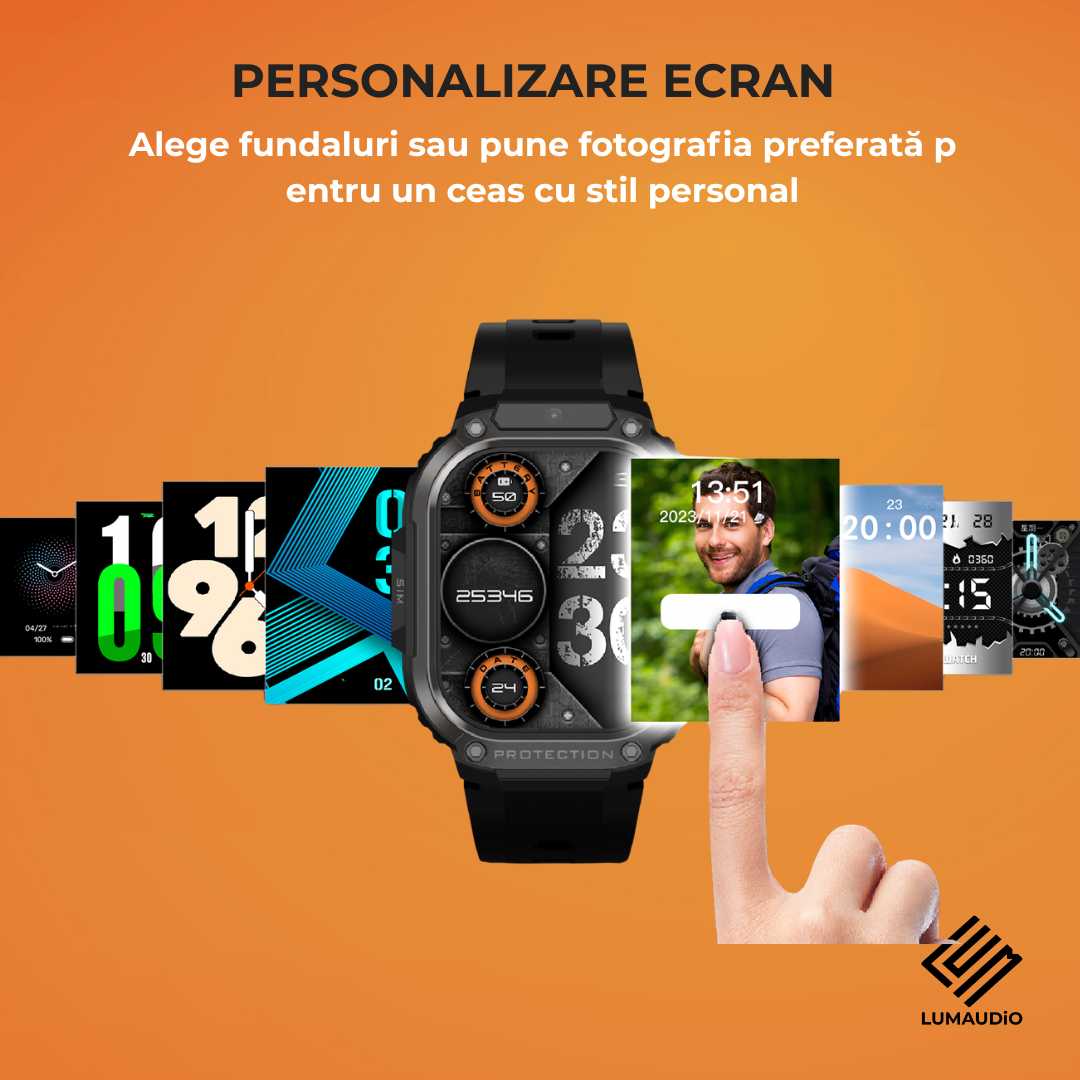 Ceas Smartwatch barbati LUMAUDiO® Alpha cu Android SIM 4G si camera frontala, personalizabil