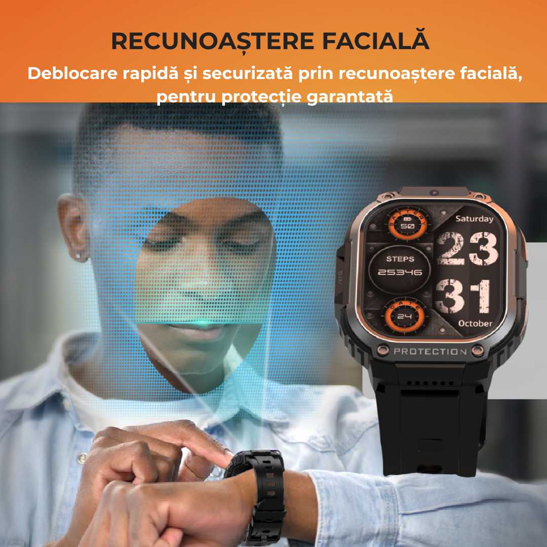 Ceas Smartwatch barbati LUMAUDiO® Alpha cu Android SIM 4G si camera frontala, recunoastere faciala