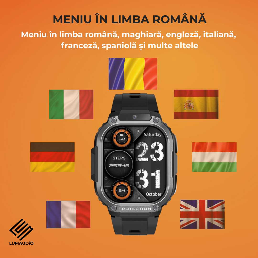Ceas Smartwatch barbati LUMAUDiO® Alpha cu Android SIM 4G si camera frontala, meniu in limba romana