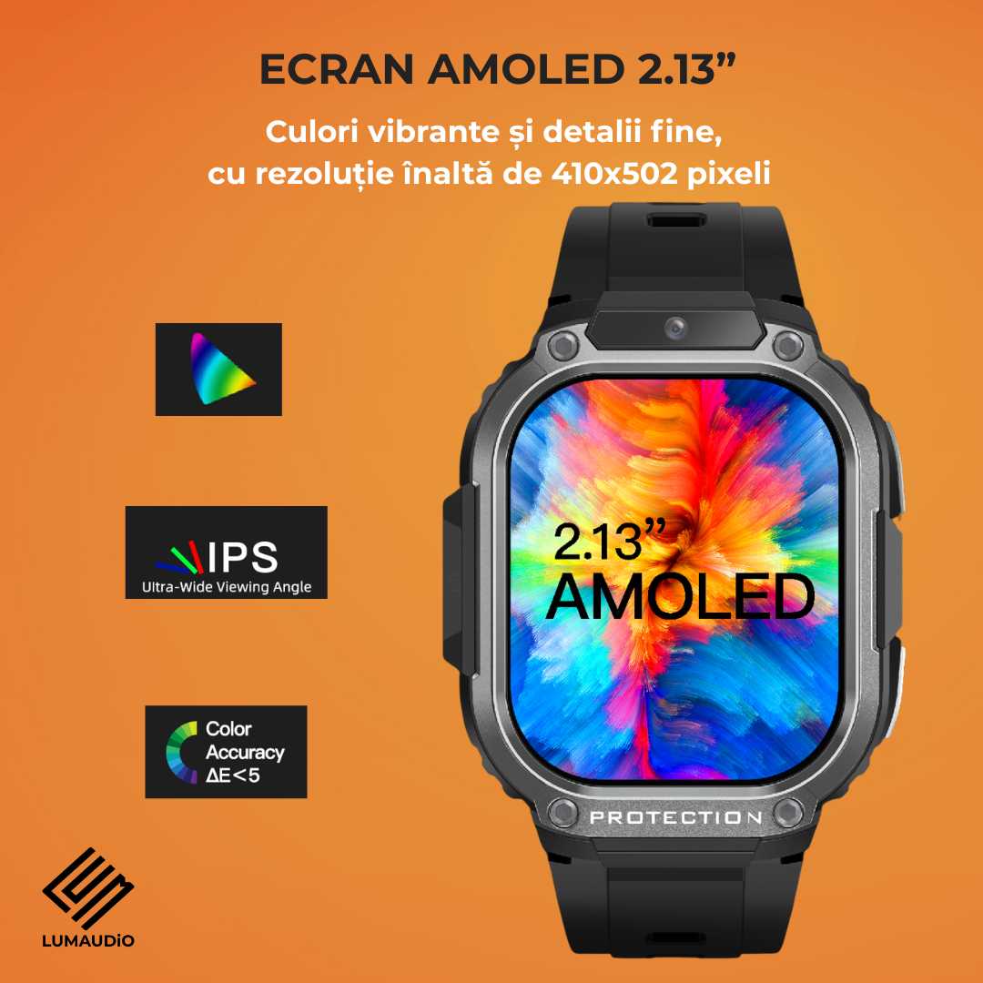 Ceas Smartwatch barbati LUMAUDiO® Alpha cu Android SIM 4G si camera frontala, ecran AMOLED