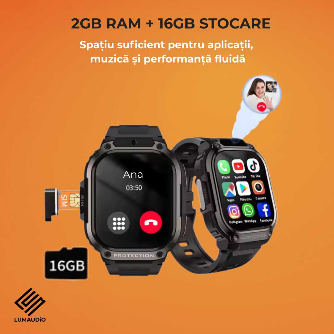 Ceas Smartwatch barbati LUMAUDiO® Alpha cu Android SIM 4G si camera frontala,