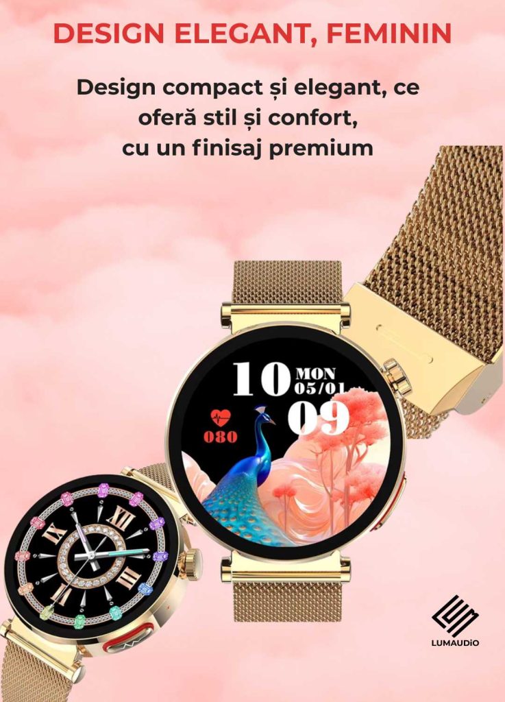 Ceas Smartwatch dama LUMAUDiO® Pulsara cu monitorizare tensiune arterială și 2 curele incluse, design elegant