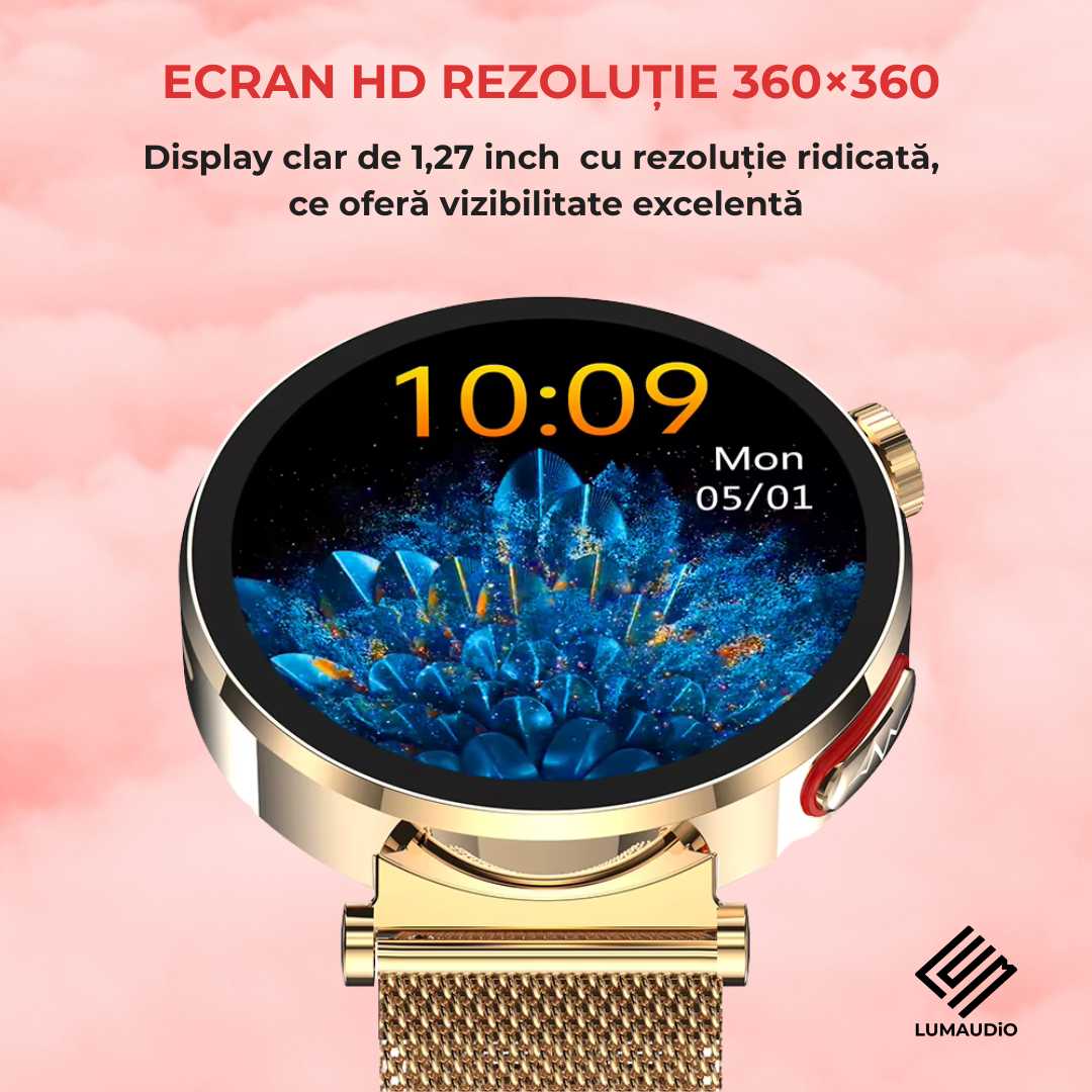Ceas Smartwatch dama LUMAUDiO® Pulsara cu monitorizare tensiune arterială și 2 curele incluse, ecran HD