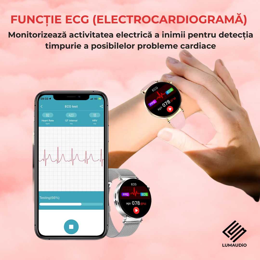 Ceas Smartwatch dama LUMAUDiO® Pulsara cu monitorizare tensiune arterială și 2 curele incluse, electrocardiograma