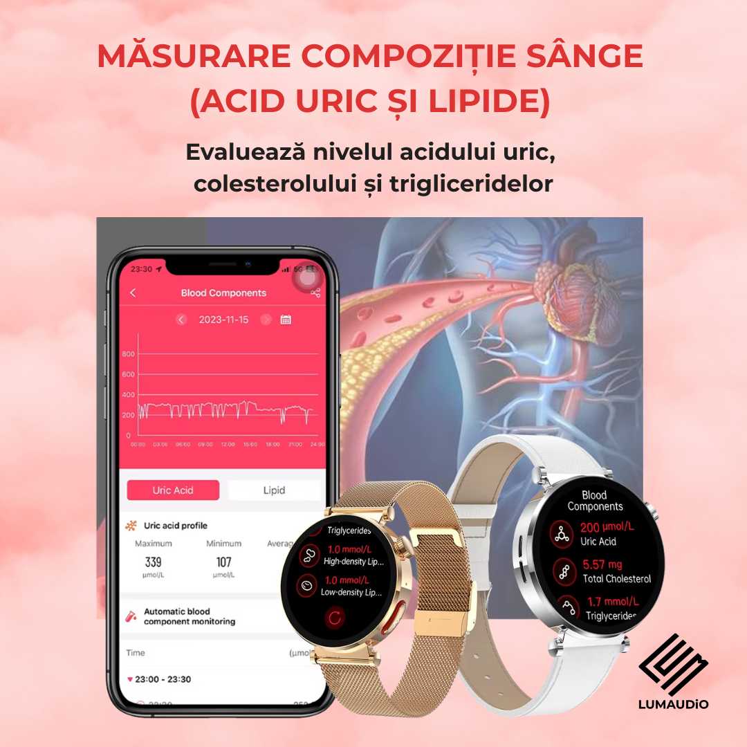Ceas Smartwatch dama LUMAUDiO® Pulsara cu monitorizare tensiune arterială și 2 curele incluse, monitorizare colesterol si treigliceride