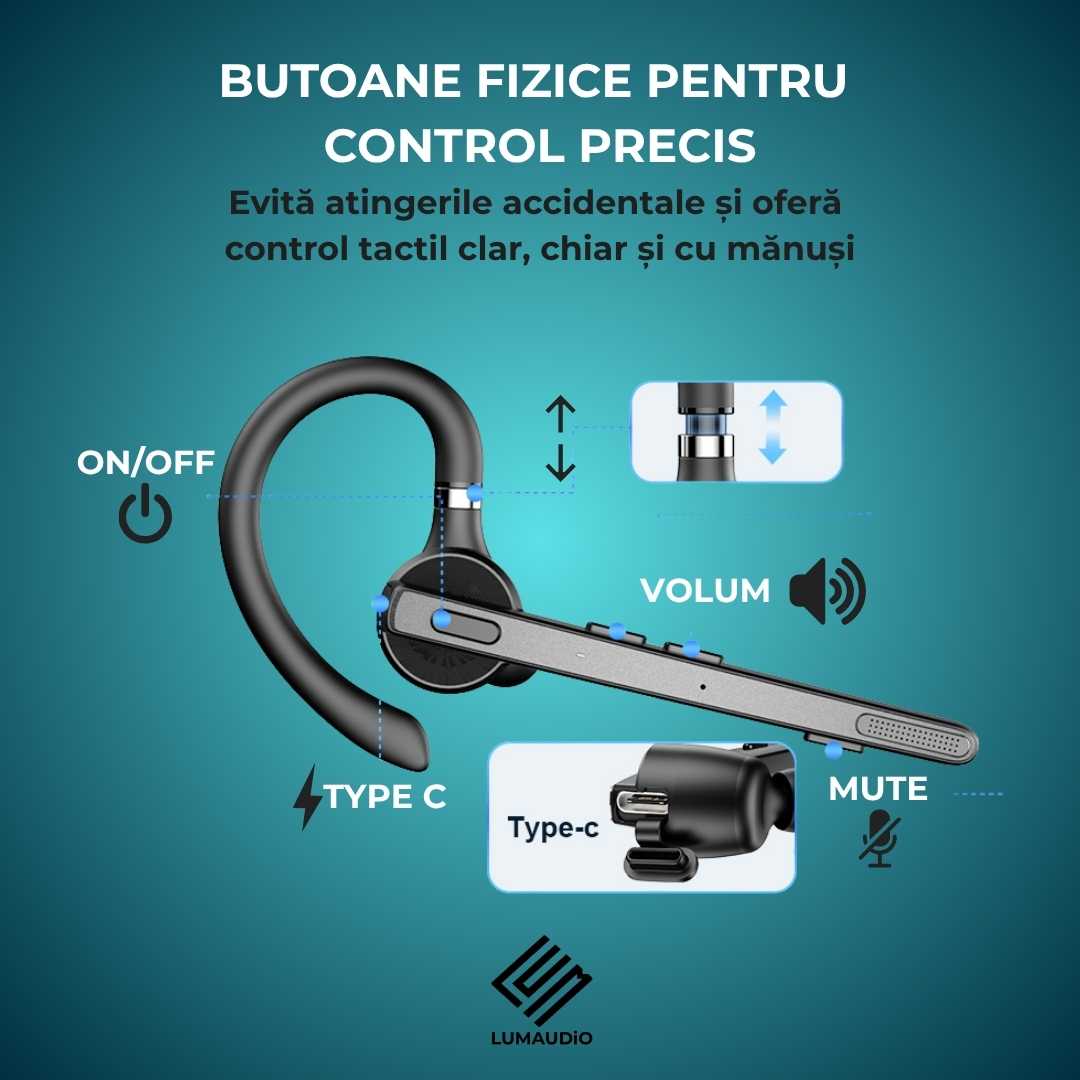 Casca Bluetooth Wireless Profesionala LUMAUDiO® Pilot cu autonomie mare, multipoint, compatibilitate universala, control butoane