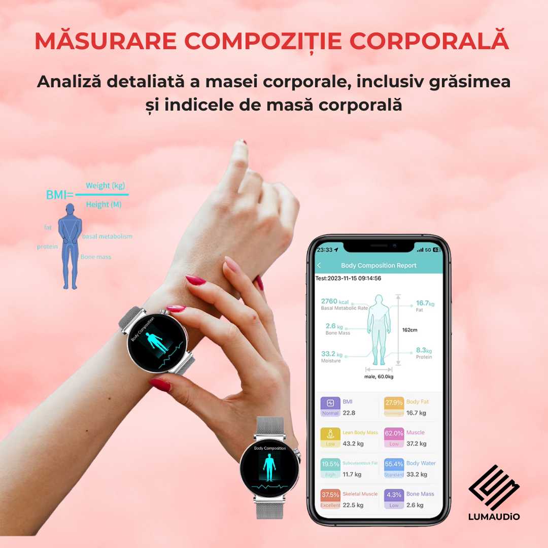 Ceas Smartwatch dama LUMAUDiO® Pulsara cu monitorizare tensiune arterială și 2 curele incluse, indice de masa corporal