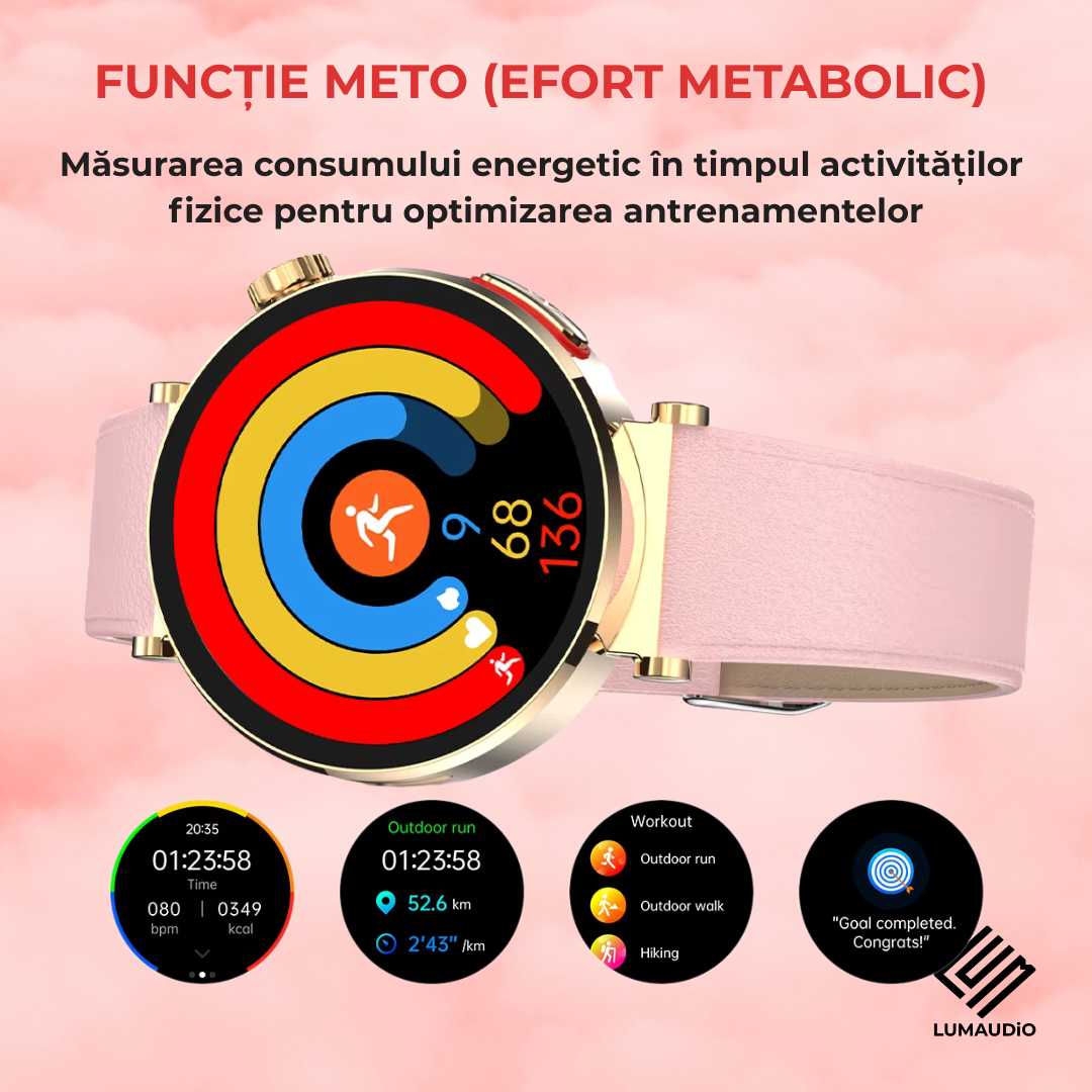 Ceas Smartwatch dama LUMAUDiO® Pulsara cu monitorizare tensiune arterială și 2 curele incluse, functie METO