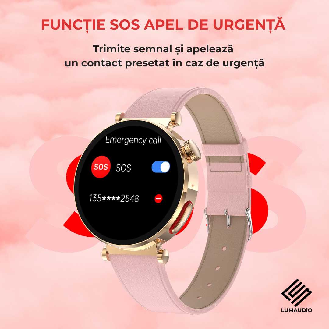 Ceas Smartwatch dama LUMAUDiO® Pulsara cu monitorizare tensiune arterială și 2 curele incluse, buton SOS