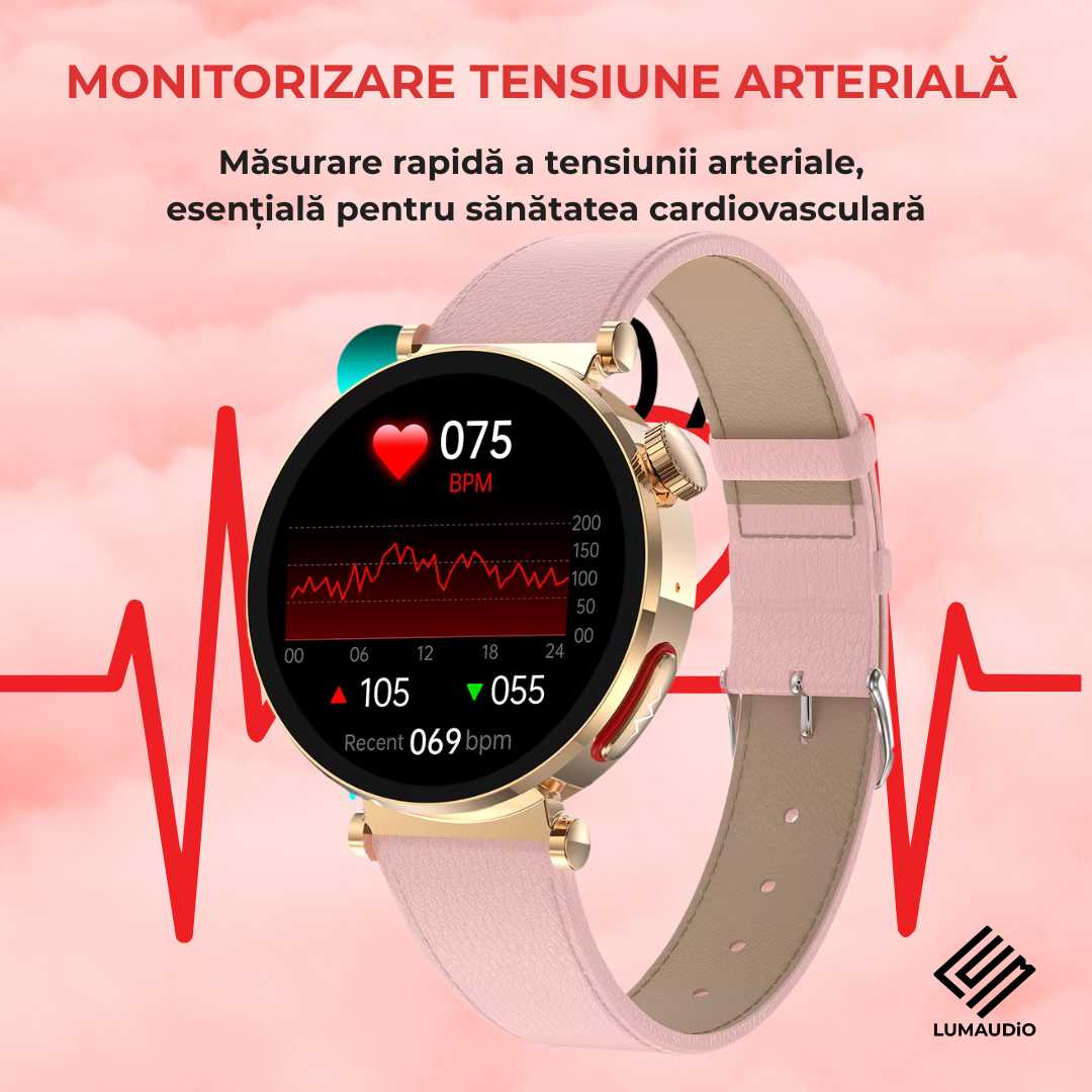 Ceas Smartwatch dama LUMAUDiO® Pulsara cu monitorizare tensiune arterială și 2 curele incluse, monitorizare tensiune arteriala
