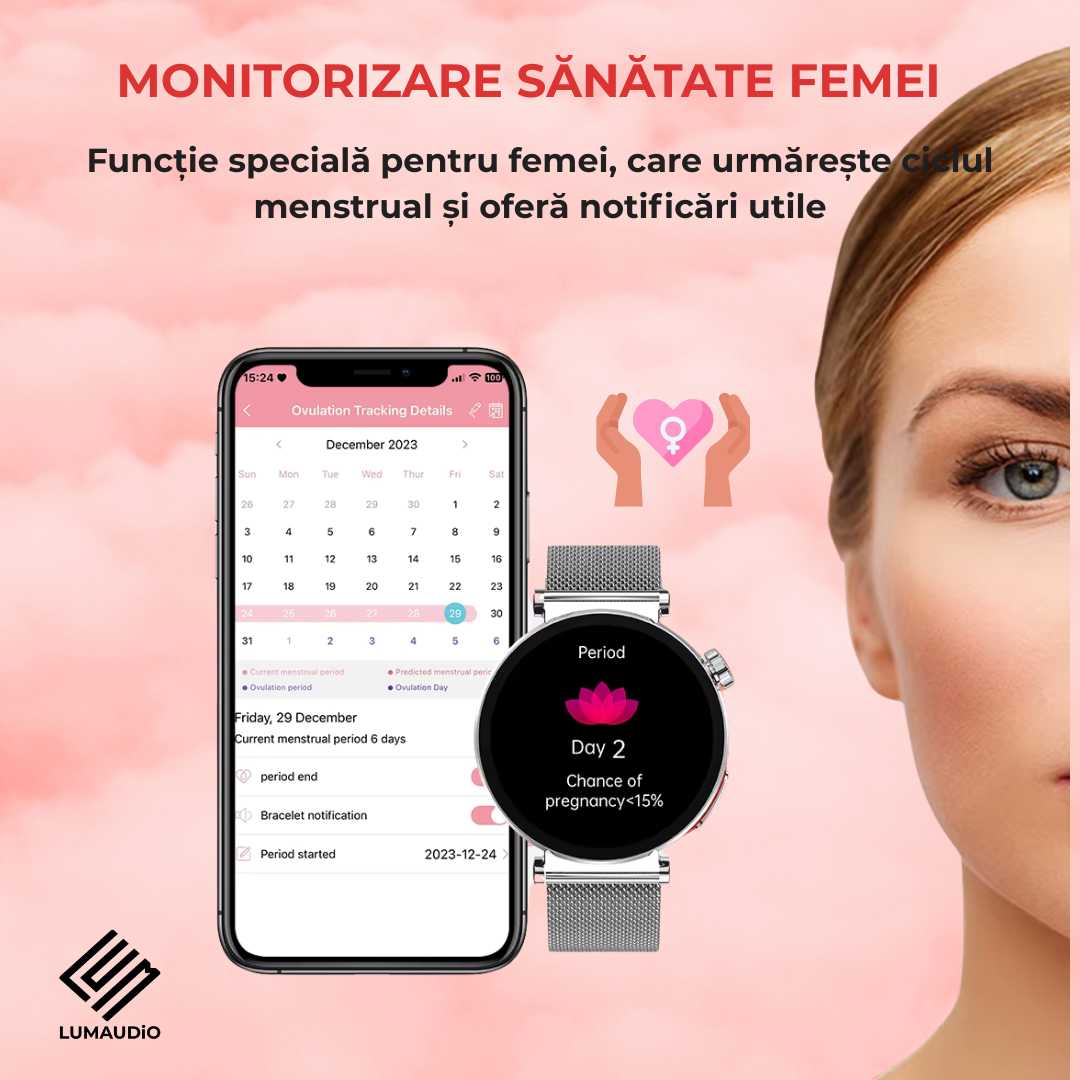 Ceas Smartwatch dama LUMAUDiO® Pulsara cu monitorizare tensiune arterială și 2 curele incluse, monirotizare ciclu menstrual
