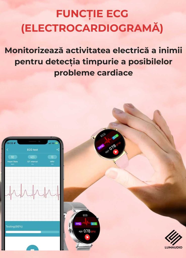Ceas Smartwatch dama LUMAUDiO® Pulsara cu monitorizare tensiune arterială și 2 curele incluse, design elegant