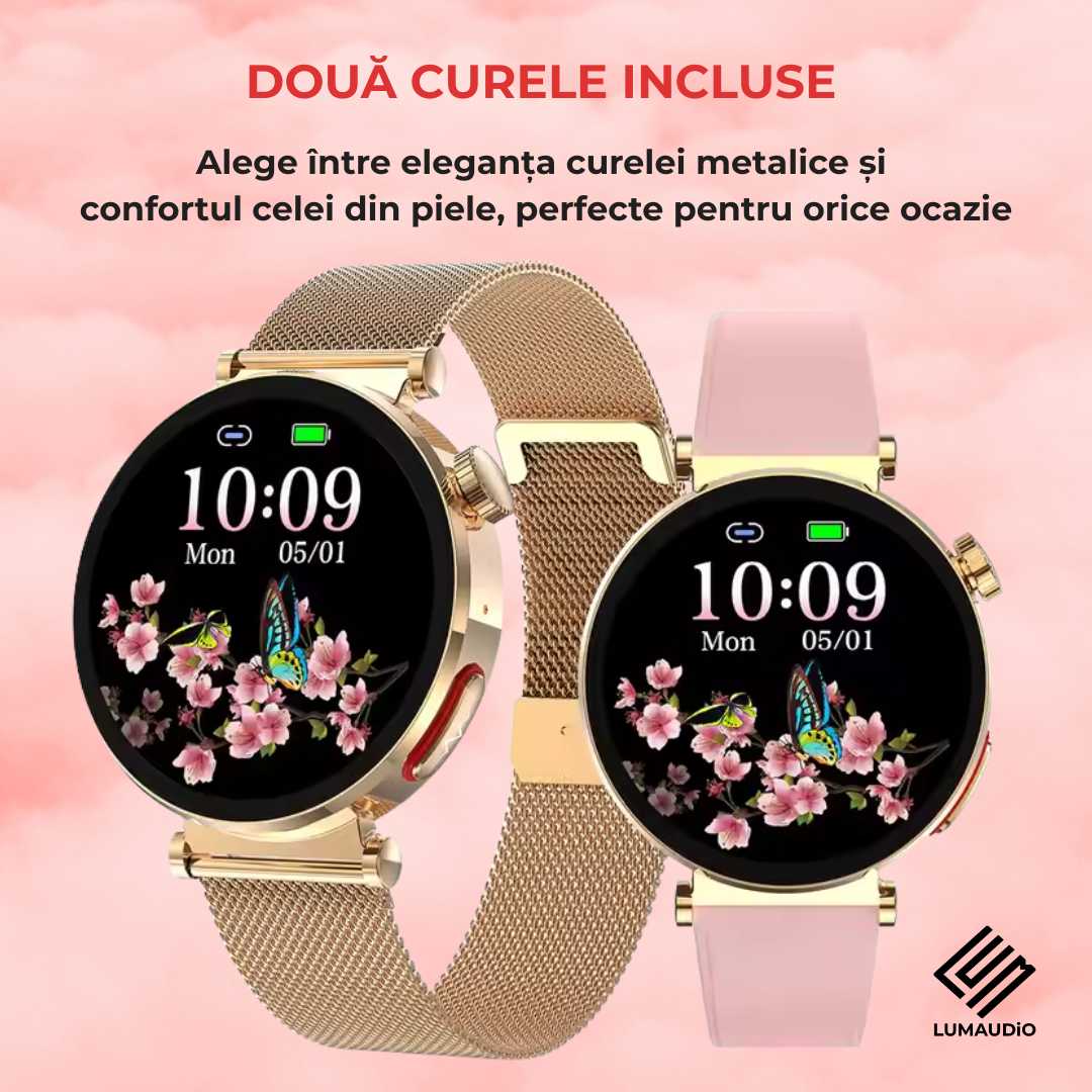 Ceas Smartwatch dama LUMAUDiO® Pulsara cu monitorizare tensiune arterială și 2 curele incluse