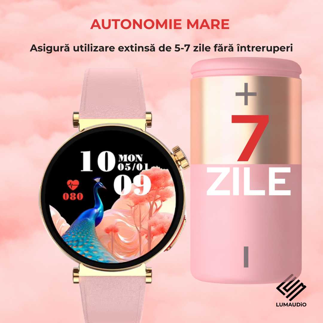 Ceas Smartwatch dama LUMAUDiO® Pulsara cu monitorizare tensiune arterială și 2 curele incluse, autonomie 7 zile