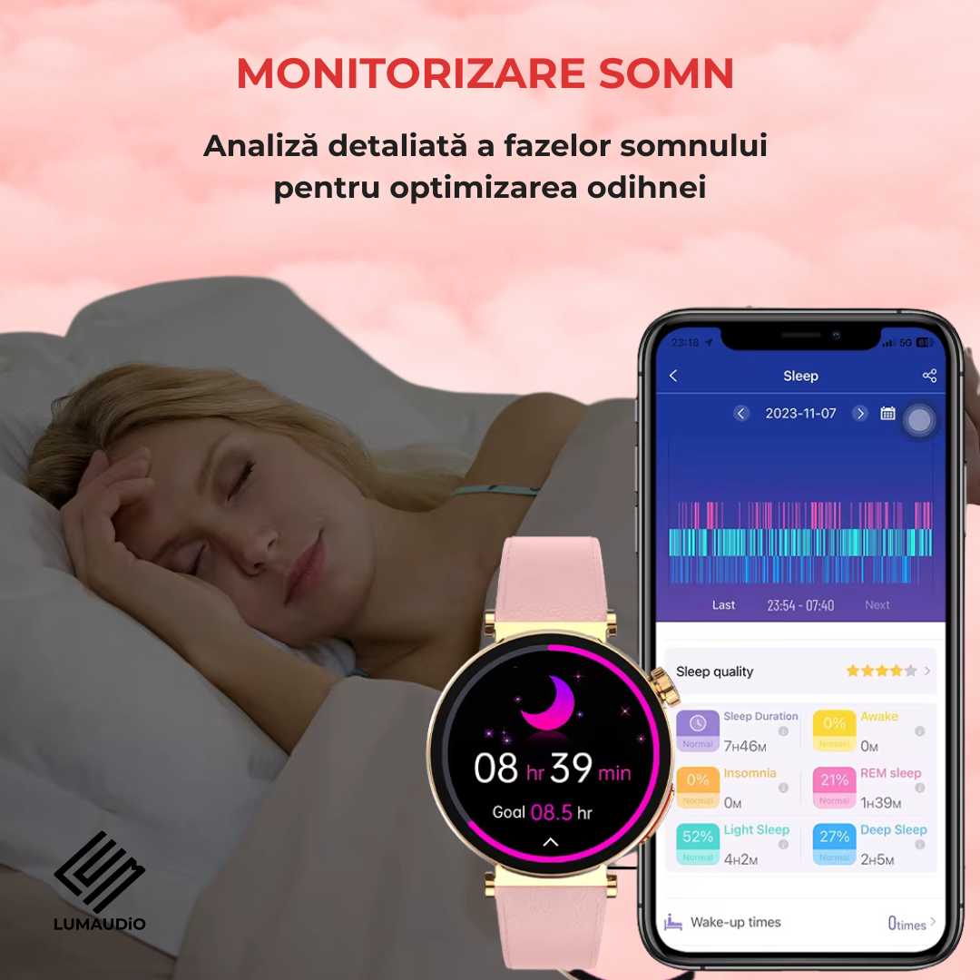 Ceas Smartwatch dama LUMAUDiO® Pulsara cu monitorizare tensiune arterială și 2 curele incluse, monitorizare somn