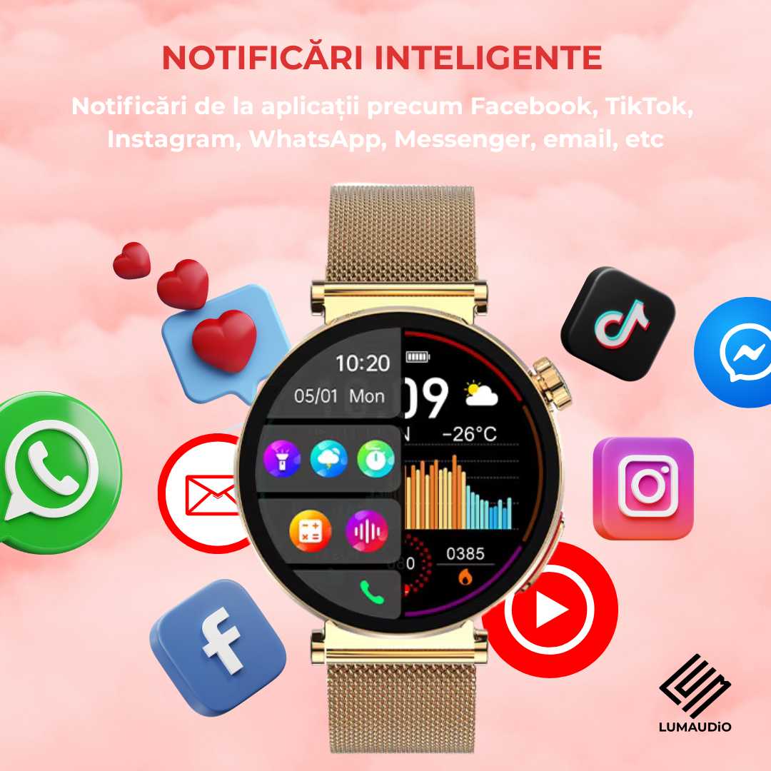 Ceas Smartwatch dama LUMAUDiO® Pulsara cu monitorizare tensiune arterială și 2 curele incluse, notificari retele sociale