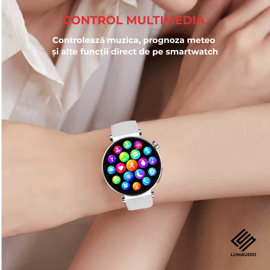 Ceas Smartwatch dama LUMAUDiO® Pulsara cu monitorizare tensiune arterială și 2 curele incluse, control multimedia