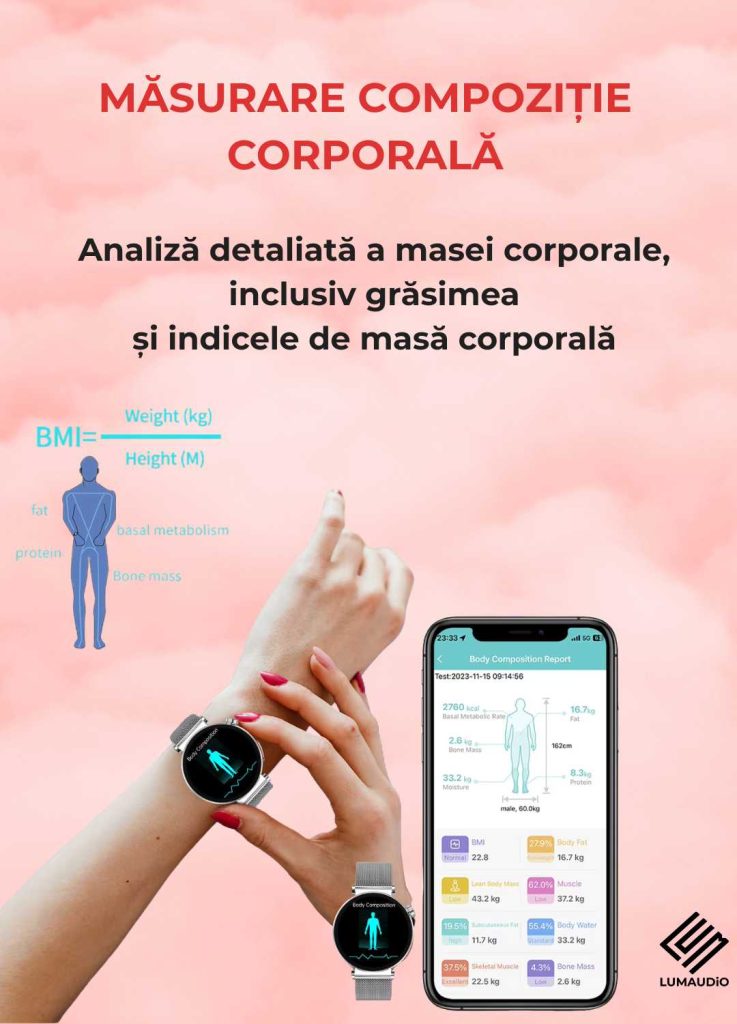 Ceas Smartwatch dama LUMAUDiO® Pulsara cu monitorizare tensiune arterială și 2 curele incluse, design elegant