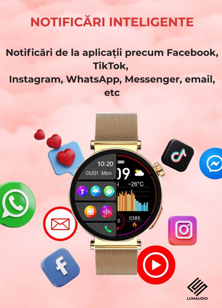 Ceas Smartwatch dama LUMAUDiO® Pulsara cu monitorizare tensiune arterială și 2 curele incluse, design elegant