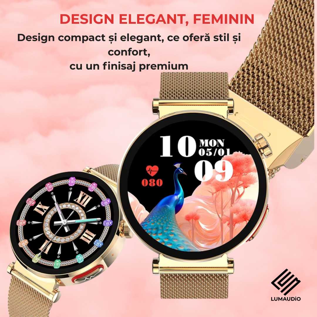 Ceas Smartwatch dama LUMAUDiO® Pulsara cu monitorizare tensiune arterială și 2 curele incluse, design elegant