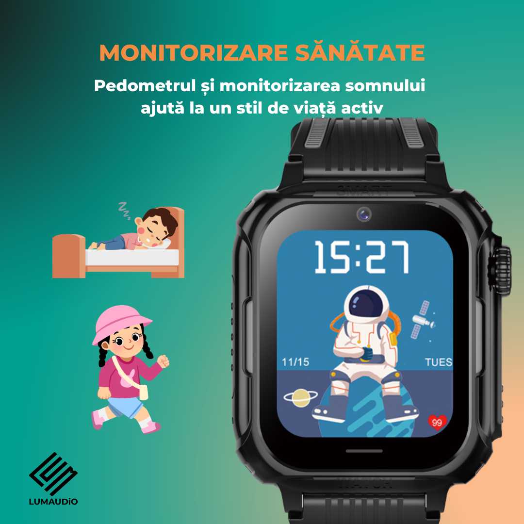 Smartwatch Copii LUMAUDiO® Ping cu 4G și GPS, Husă de Silicon Inclusă, pedometru