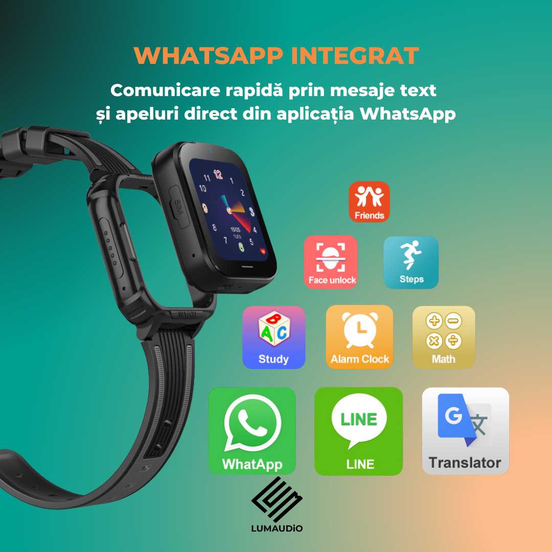 Smartwatch Copii LUMAUDiO® Ping cu 4G și GPS, Husă de Silicon Inclusă, cu whatsapp