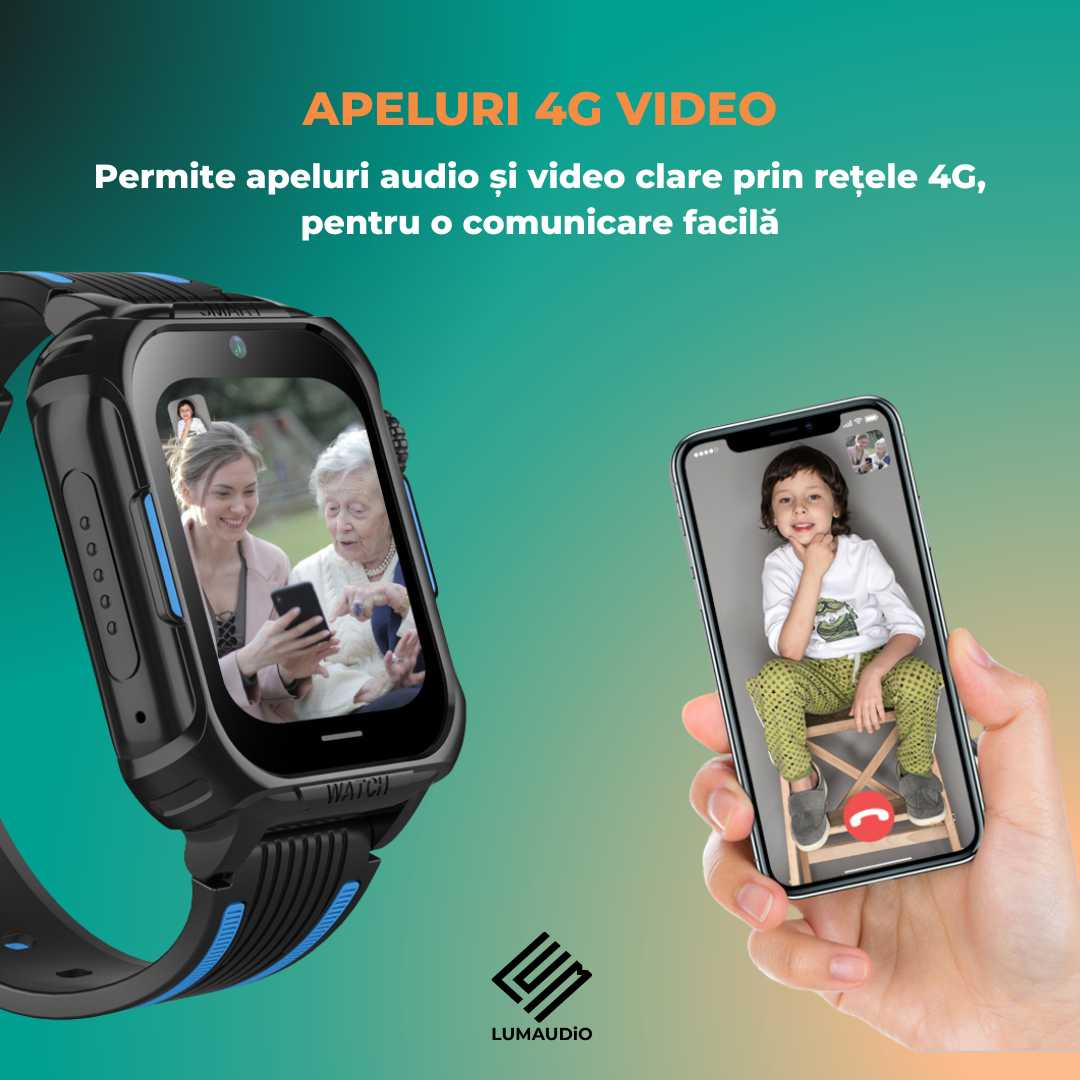Smartwatch Copii LUMAUDiO® Ping cu 4G și GPS, Husă de Silicon Inclusă, apeluri video HD